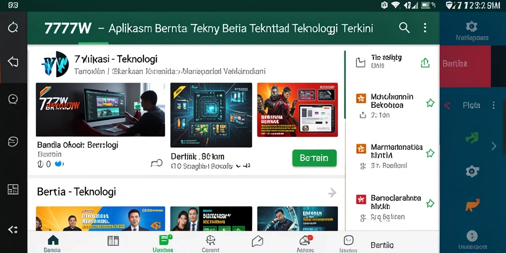 Antarmuka aplikasi 7777W yang menampilkan berita teknologi.