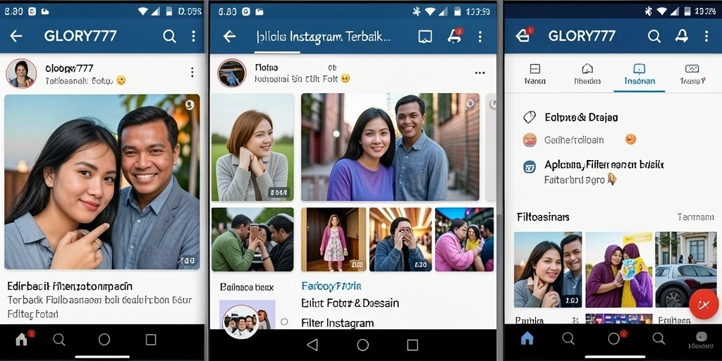 Tampilan antarmuka GLORY777 dengan berbagai pilihan filter Instagram.